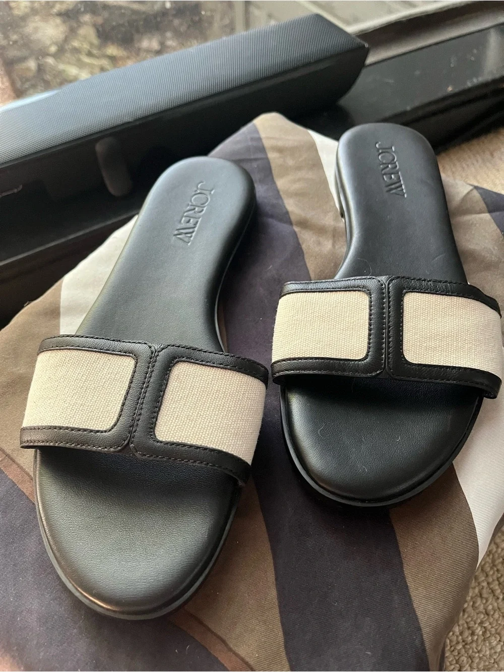 J. Crew Black and Cream Slide Sandals with Canvas Straps